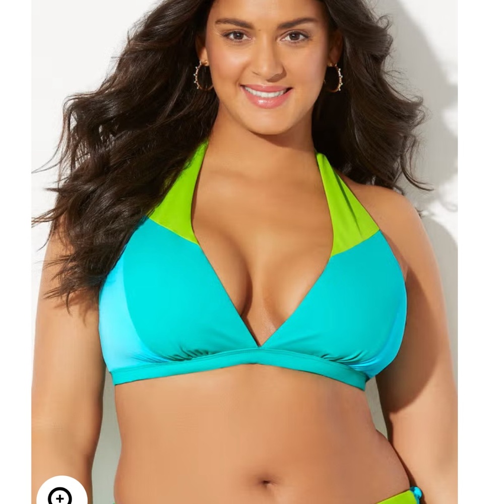 Swimsuits For All Teal and Lime Two-Tone Halter Bikini Top